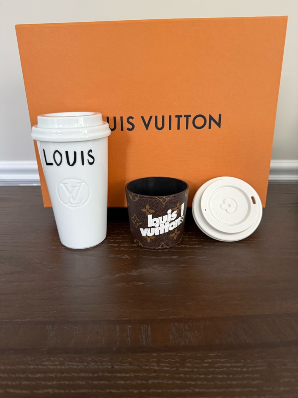 Louis Vuitton Brown Monogram coffee porcelain coffee cup with leather sleeve